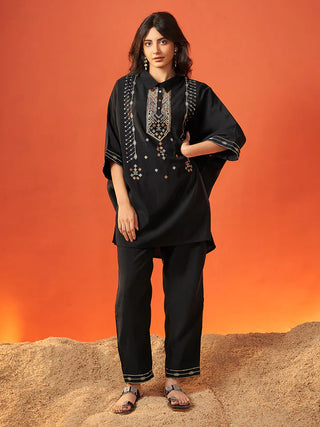 Black Viscose Embroidered Kaftan Kurta Trouser Set