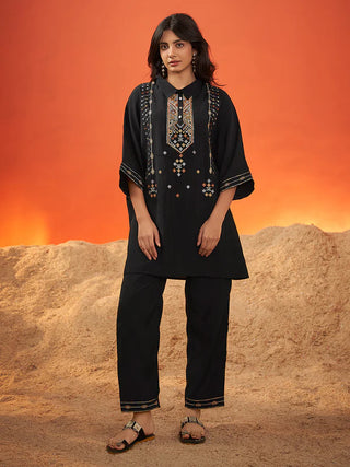 Black Viscose Embroidered Kaftan Kurta Trouser Set