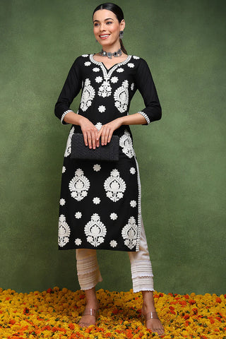 Black Viscose Rayon Floral Embroidered Chikankari Detailing Straight Shape Kurta