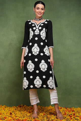 Black Viscose Rayon Floral Embroidered Chikankari Detailing Straight Shape Kurta