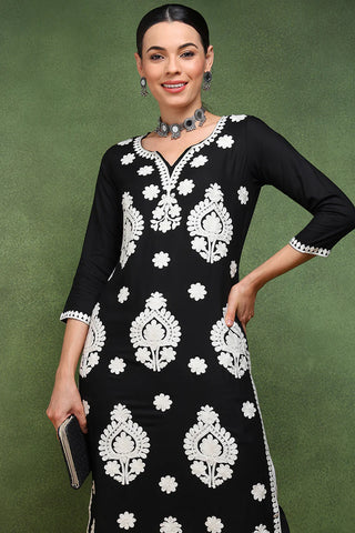 Black Viscose Rayon Floral Embroidered Chikankari Detailing Straight Shape Kurta