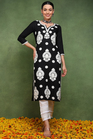 Black Viscose Rayon Floral Embroidered Chikankari Detailing Straight Shape Kurta