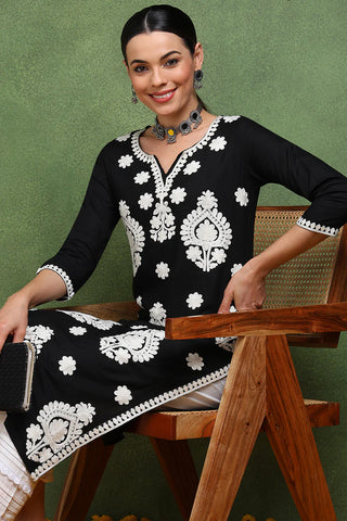 Black Viscose Rayon Floral Embroidered Chikankari Detailing Straight Shape Kurta