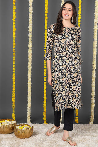 Black Viscose Rayon Floral Print Straight Shape Kurta