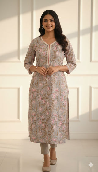 Grey Cotton Hand Block Print Straight Shape Kurta