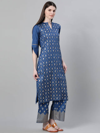 Blue Printed Suit Set With Dupatta