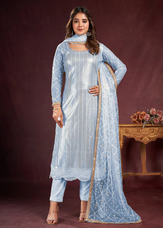 Ice Blue Embroidered Butterfly Net Salwar Suit Set