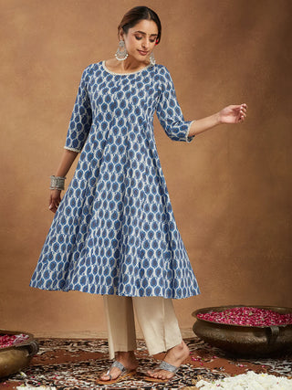 Blue & Beige Pure Cotton Paisley Print Kurta Bottom Set