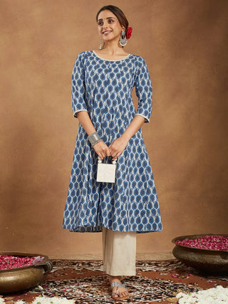 Blue & Beige Pure Cotton Paisley Print Kurta Bottom Set