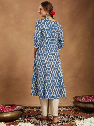 Blue & Beige Pure Cotton Paisley Print Kurta Bottom Set