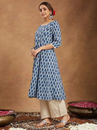 Blue & Beige Pure Cotton Paisley Print Kurta Bottom Set