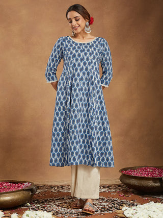 Blue & Beige Pure Cotton Paisley Print Kurta Bottom Set