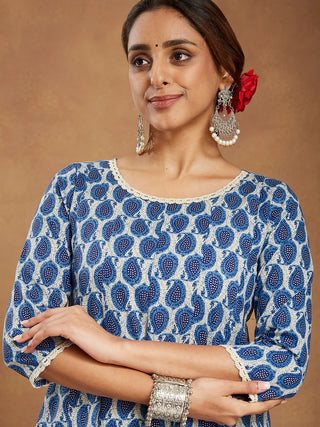 Blue & Beige Pure Cotton Paisley Print Kurta Bottom Set
