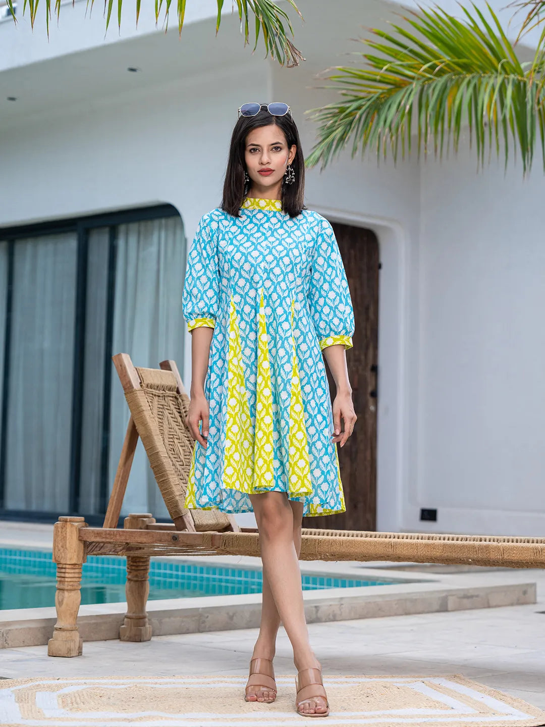Partywear Gowns Online USA | Blue & Lime Green Cotton Floral Print A Line Color Blocking Dress Ria Fashions Partywear Gowns Online USA | Blue & Lime Green Cotton Floral Print A Line Color Blocking Dress Ria Fashions