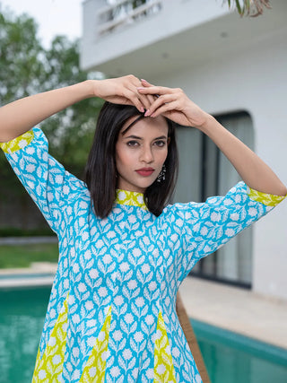 Blue & Lime Green Cotton Floral Print A Line Color Blocking Dress