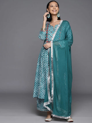 Turquoise Blue Cotton Leheriya Print A Line Suit Set with Silk Chiffon Dupatta