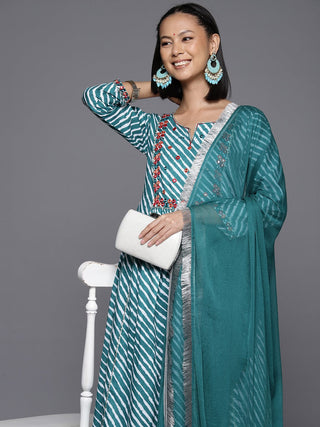 Turquoise Blue Cotton Leheriya Print A Line Suit Set with Silk Chiffon Dupatta