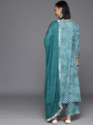 Turquoise Blue Cotton Leheriya Print A Line Suit Set with Silk Chiffon Dupatta