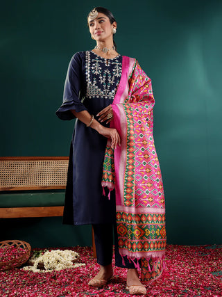 Navy Blue Cotton Blend Yoke Embroidered Suit Set with Pink Silk Printed Dupatta