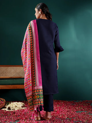 Navy Blue Cotton Blend Yoke Embroidered Suit Set with Pink Silk Printed Dupatta