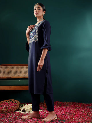 Navy Blue Cotton Blend Yoke Embroidered Suit Set with Pink Silk Printed Dupatta