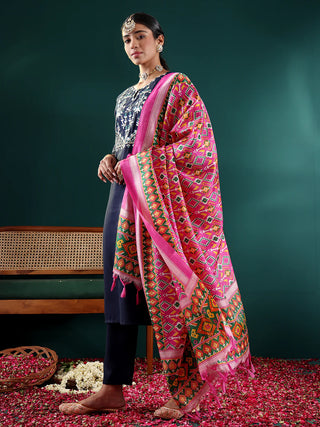 Navy Blue Cotton Blend Yoke Embroidered Suit Set with Pink Silk Printed Dupatta