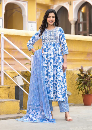 Blue & White Viscose Block Print & Embroidered Suit Set with Chanderi Cotton Dupatta