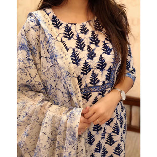 Blue & White Viscose Printed Kurta Pant Set with Chanderi Cotton Dupatta