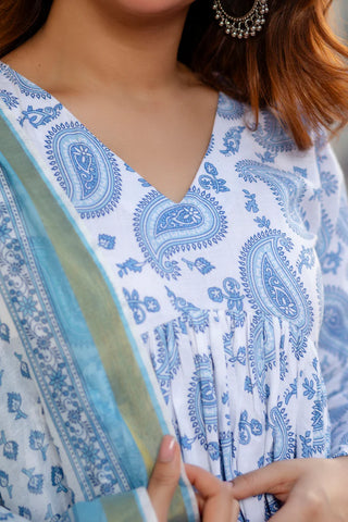 Blue & White Viscose Flared Block Print Kurta Pant Set with Kota Doria Dupatta