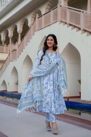 Blue & White Viscose Flared Block Print Kurta Pant Set with Kota Doria Dupatta