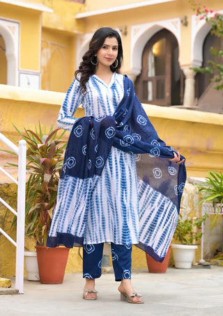 Blue & White Viscose Tie Dye & Printed Straight Cut Kurta Pant Set with Chanderi Cotton Dupatta