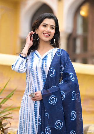 Blue & White Viscose Tie Dye & Printed Straight Cut Kurta Pant Set with Chanderi Cotton Dupatta