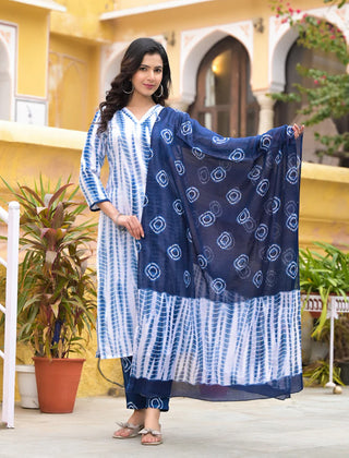 Blue & White Viscose Tie Dye & Printed Straight Cut Kurta Pant Set with Chanderi Cotton Dupatta