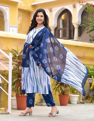 Blue & White Viscose Tie Dye & Printed Straight Cut Kurta Pant Set with Chanderi Cotton Dupatta