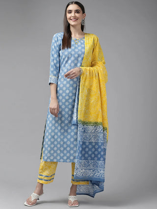 Blue & Yellow Cotton Ethnic Motif Print Straight Shape Suit Set with Dupatta