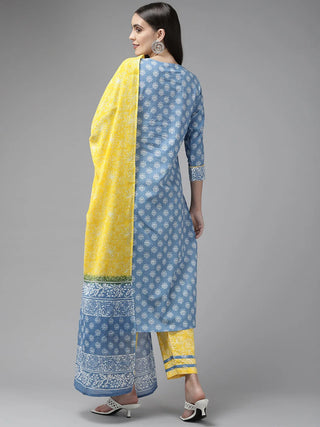 Blue & Yellow Cotton Ethnic Motif Print Straight Shape Suit Set with Dupatta