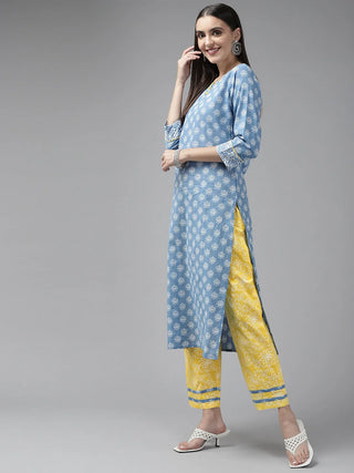 Blue & Yellow Cotton Ethnic Motif Print Straight Shape Suit Set with Dupatta