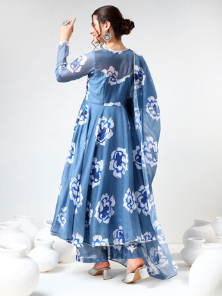 Blue Organza Print Detailing Anarkali Set with Dupatta