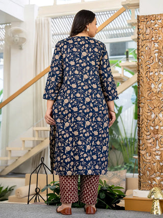 Blue & Brown Cotton Floral Print Suit Set with Dupatta