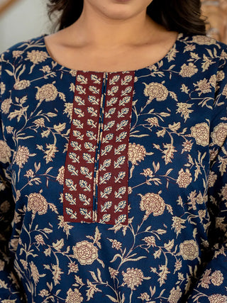 Blue & Brown Cotton Floral Print Suit Set with Dupatta