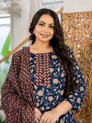 Blue & Brown Cotton Floral Print Suit Set with Dupatta