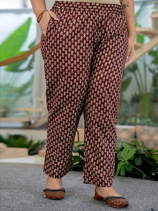 Blue & Brown Cotton Floral Print Suit Set with Dupatta