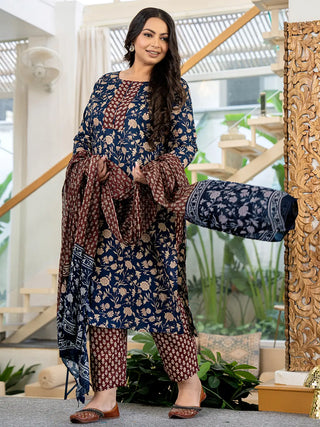 Blue & Brown Cotton Floral Print Suit Set with Dupatta