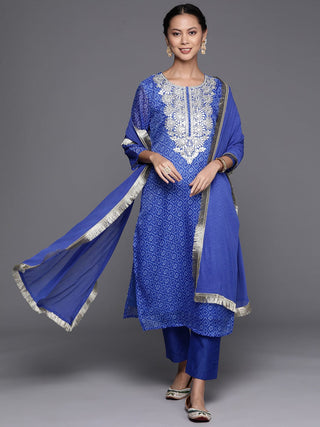 Blue Cotton Blend Bandhani Print & Embroidery Detailing Suit Set with Silk Chiffon Dupatta