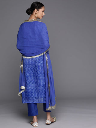 Blue Cotton Blend Bandhani Print & Embroidery Detailing Suit Set with Silk Chiffon Dupatta