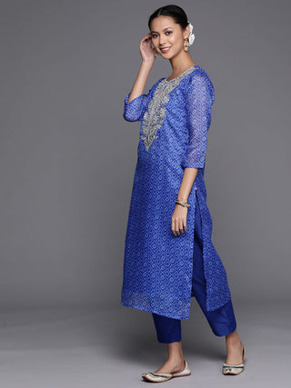 Blue Cotton Blend Bandhani Print & Embroidery Detailing Suit Set with Silk Chiffon Dupatta