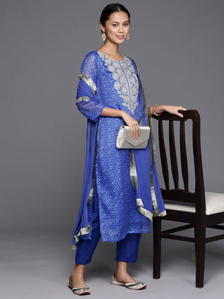 Blue Cotton Blend Bandhani Print & Embroidery Detailing Suit Set with Silk Chiffon Dupatta