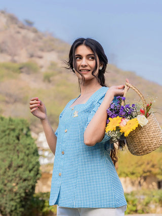 Cotton Blue Shirt Style Checked Printed Top