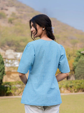 Cotton Blue Shirt Style Checked Printed Top