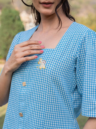 Cotton Blue Shirt Style Checked Printed Top